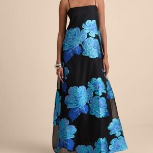 Lulus Yavanna Black And Blue Floral Jacquard Shift Maxi Dress - Size S